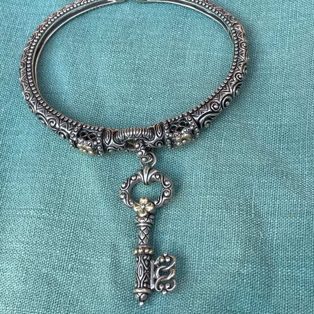 Vintage Barbara Bixby 925 Silver & 18K Gold Bangle Bracelet w key charm